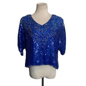 Carolyne Barton Blue Sequin Blouse Size M